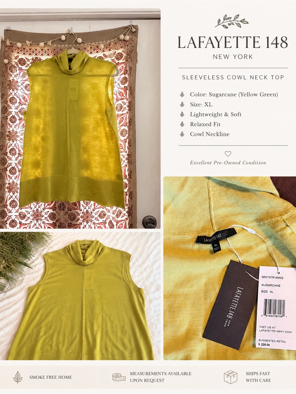 Lafayette 148 New York Sugarcane Sleeveless Cowl Neck Top 100 Wool